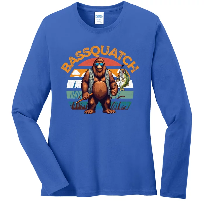 Bassquatch Bigfoot Fishing Rod Largemouth Bass Sasquatch Cute Gift Ladies Long Sleeve Shirt