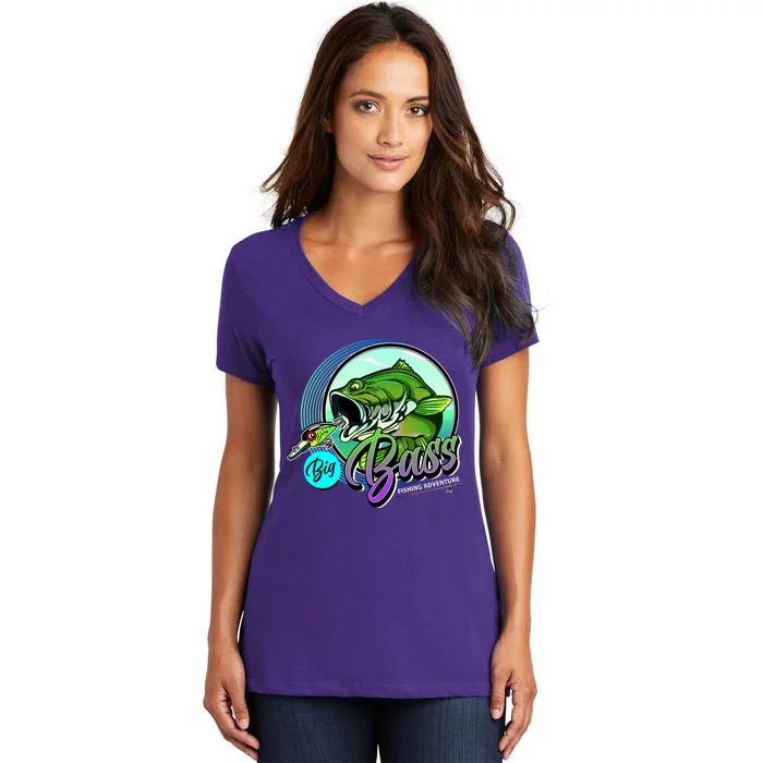 Big Bass Fishing Adventure Women's V-Neck T-Shirt