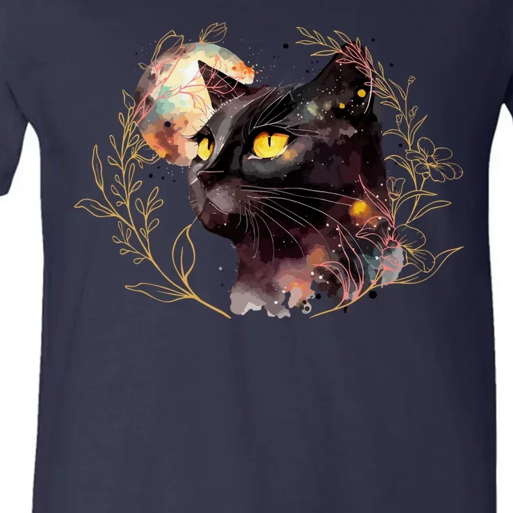 Beautiful Boho Floral Cat V-Neck T-Shirt