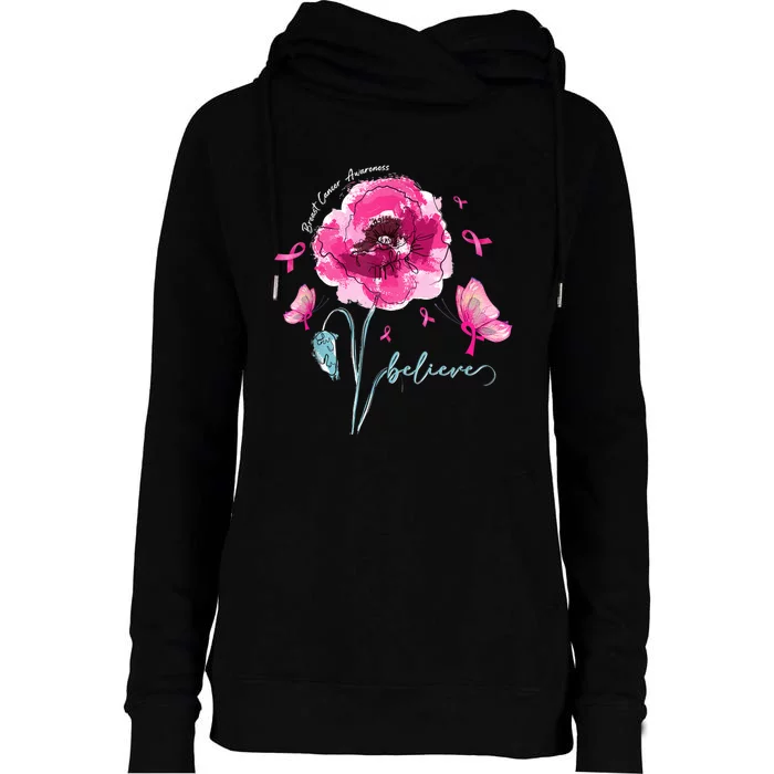 Believe Butterfly Flower Pink Ribbon Breast Cancer Awareness Womens Funnel Neck Pullover Hood