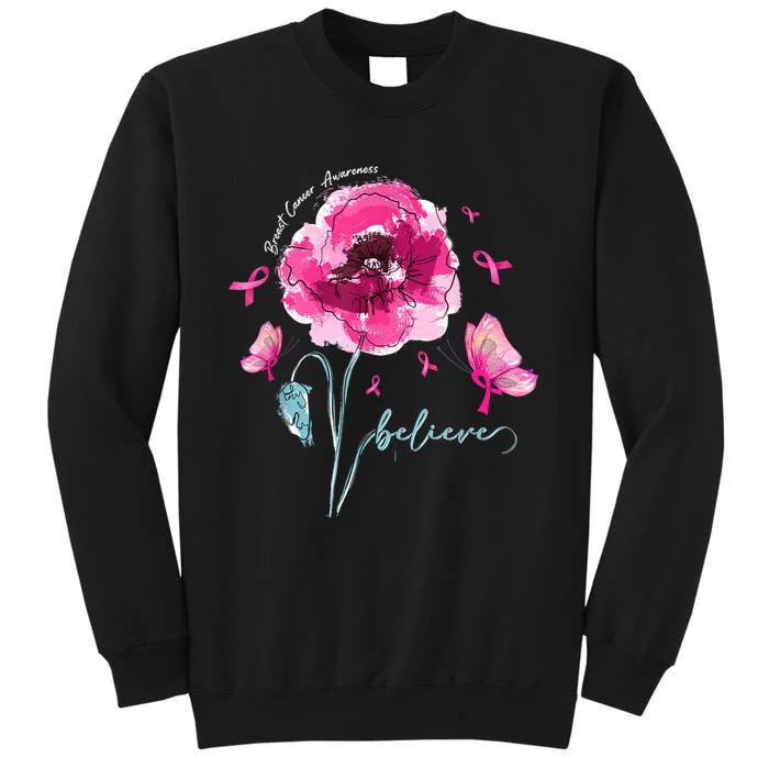 Believe Butterfly Flower Pink Ribbon Breast Cancer Awareness Tall Sweatshirt