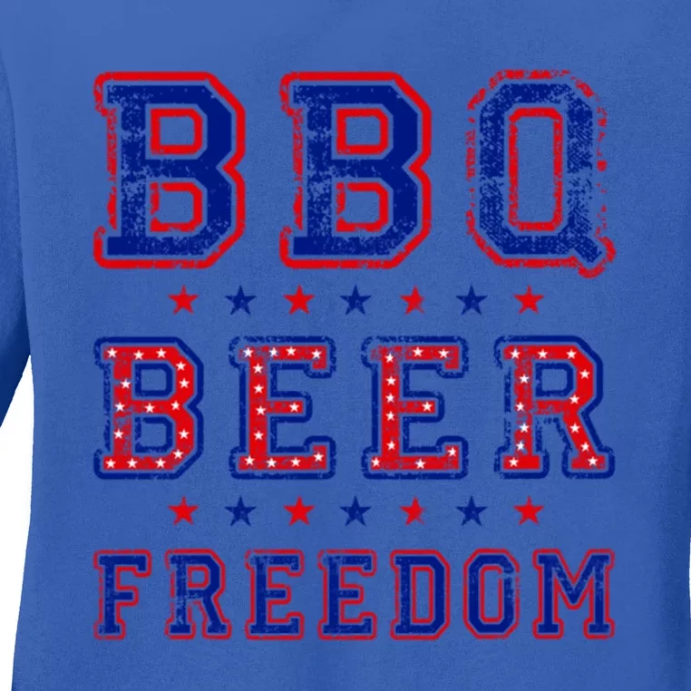 Bbq Beer Freedom Written In Red White And Blue Distressed Funny Gift Ladies Long Sleeve Shirt