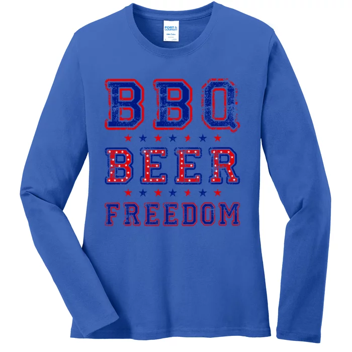 Bbq Beer Freedom Written In Red White And Blue Distressed Funny Gift Ladies Long Sleeve Shirt