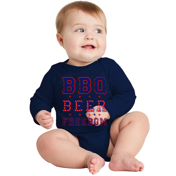 Bbq Beer Freedom Written In Red White And Blue Distressed Funny Gift Baby Long Sleeve Bodysuit