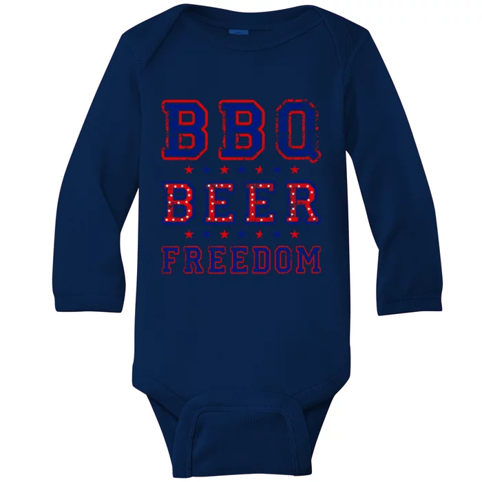 Bbq Beer Freedom Written In Red White And Blue Distressed Funny Gift Baby Long Sleeve Bodysuit