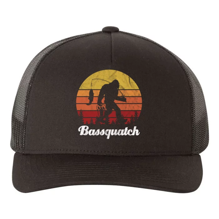 Bassquatch Bigfoot Fishing Outdoor Retro Sunset Yupoong Adult 5-Panel Trucker Hat