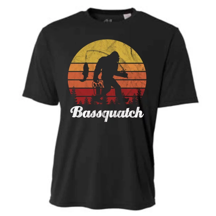 Bassquatch Bigfoot Fishing Outdoor Retro Sunset Cooling Performance Crew T-Shirt