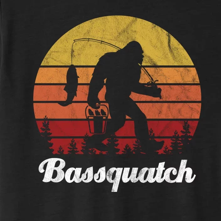 Bassquatch Bigfoot Fishing Outdoor Retro Sunset ChromaSoft Performance T-Shirt