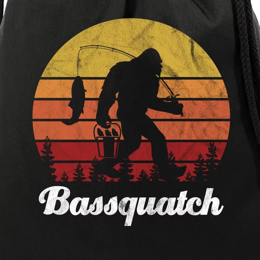 Bassquatch Bigfoot Fishing Outdoor Retro Sunset Drawstring Bag