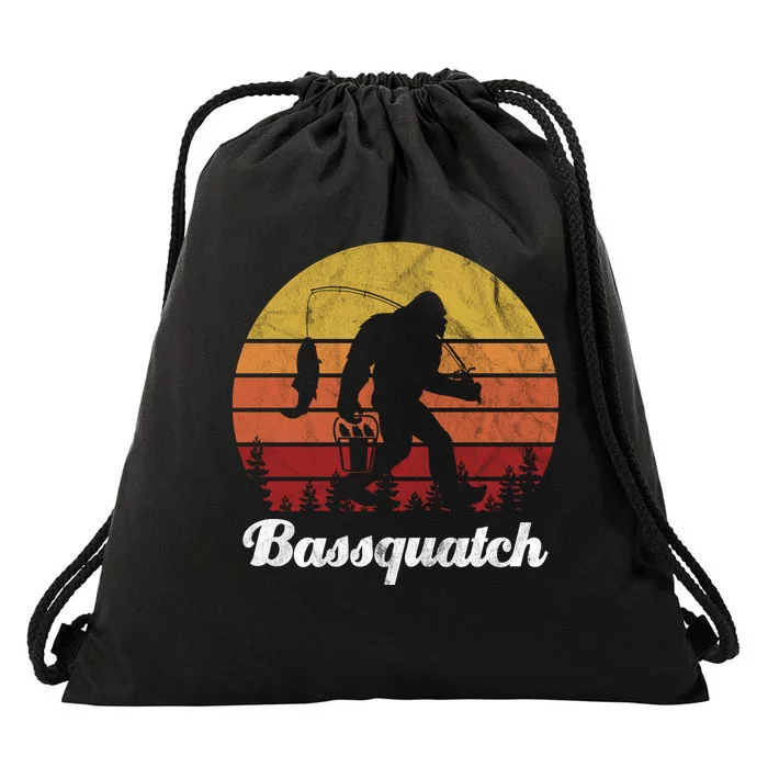 Bassquatch Bigfoot Fishing Outdoor Retro Sunset Drawstring Bag