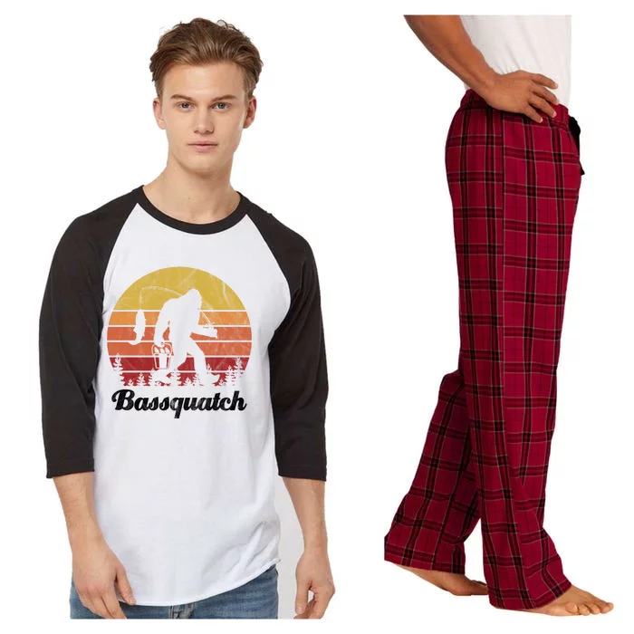 Bassquatch Bigfoot Fishing Outdoor Retro Sunset Raglan Sleeve Pajama Set