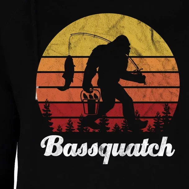 Bassquatch Bigfoot Fishing Outdoor Retro Sunset Womens Funnel Neck Pullover Hood