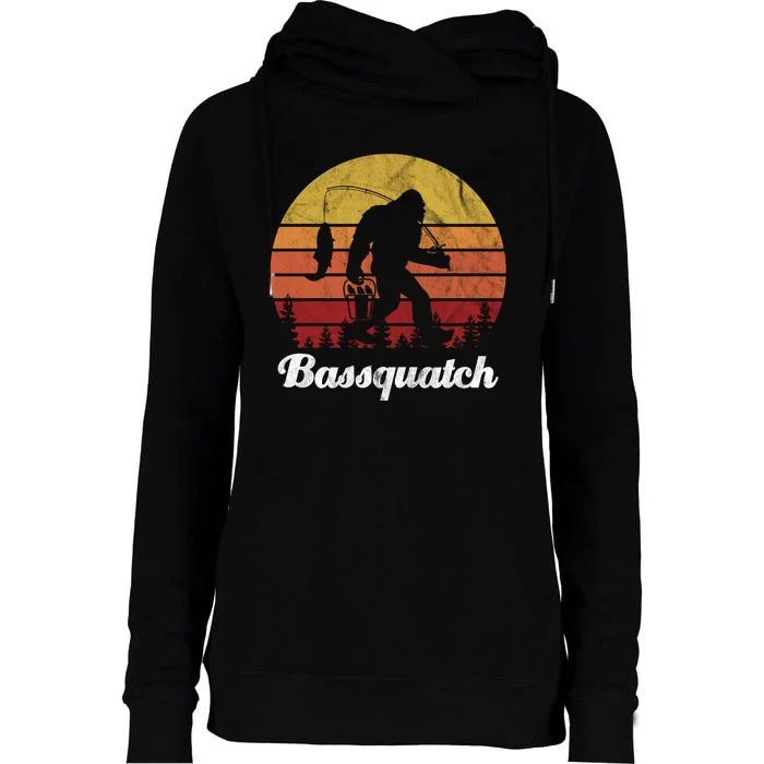 Bassquatch Bigfoot Fishing Outdoor Retro Sunset Womens Funnel Neck Pullover Hood