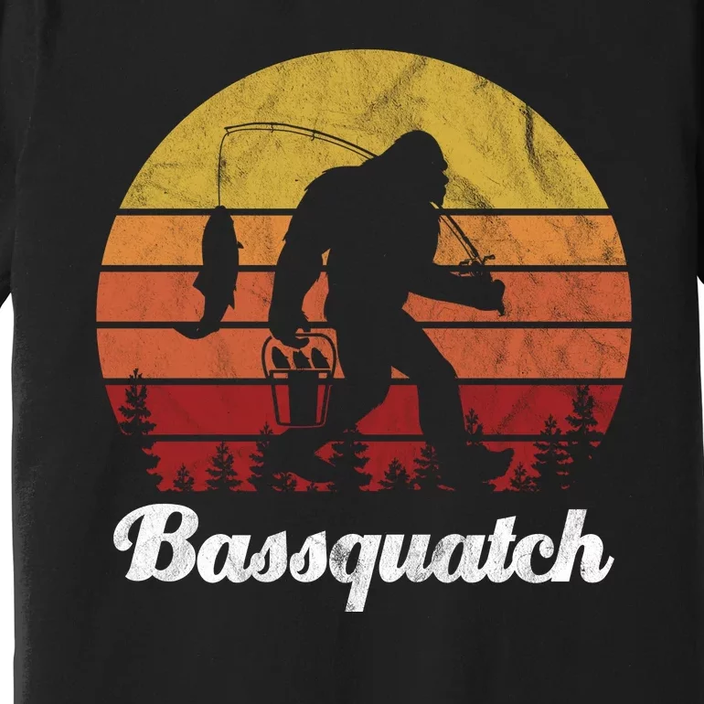 Bassquatch Bigfoot Fishing Outdoor Retro Sunset Premium T-Shirt