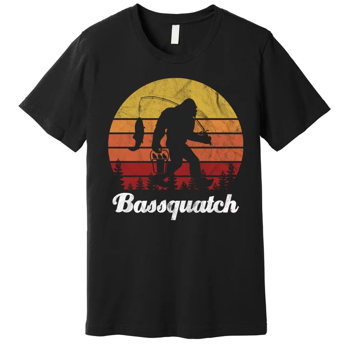 Bassquatch Bigfoot Fishing Outdoor Retro Sunset Premium T-Shirt