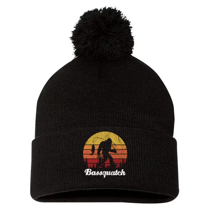 Bassquatch Bigfoot Fishing Outdoor Retro Sunset Pom Pom 12in Knit Beanie