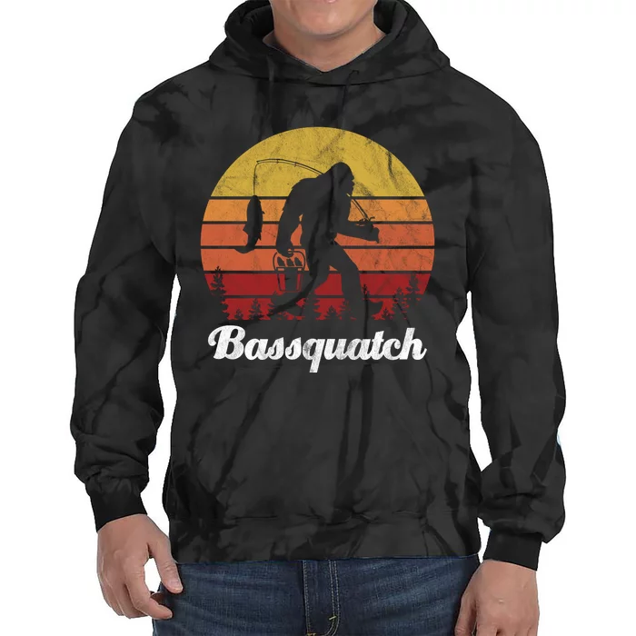 Bassquatch Bigfoot Fishing Outdoor Retro Sunset Tie Dye Hoodie