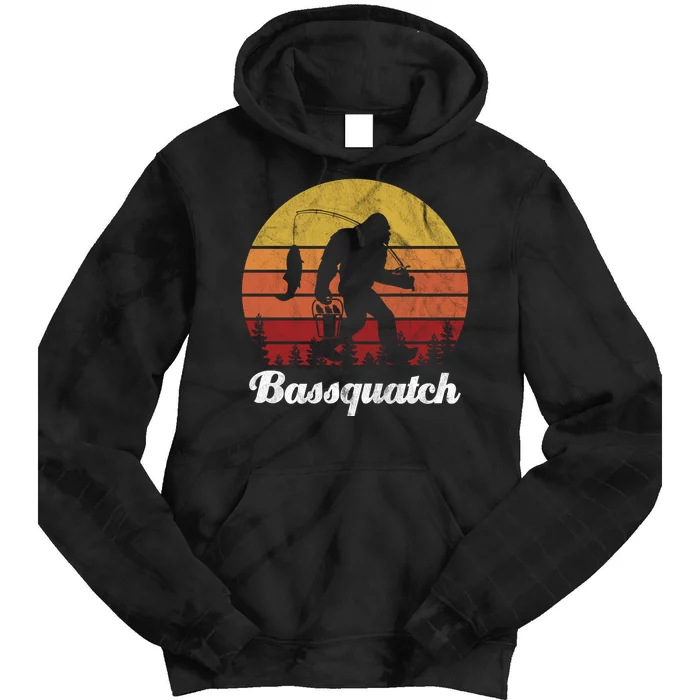 Bassquatch Bigfoot Fishing Outdoor Retro Sunset Tie Dye Hoodie