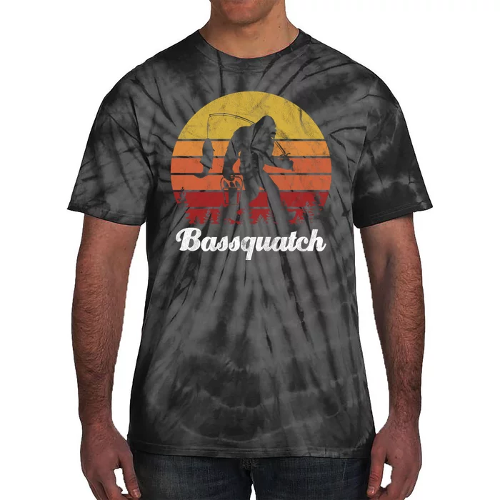 Bassquatch Bigfoot Fishing Outdoor Retro Sunset Tie-Dye T-Shirt