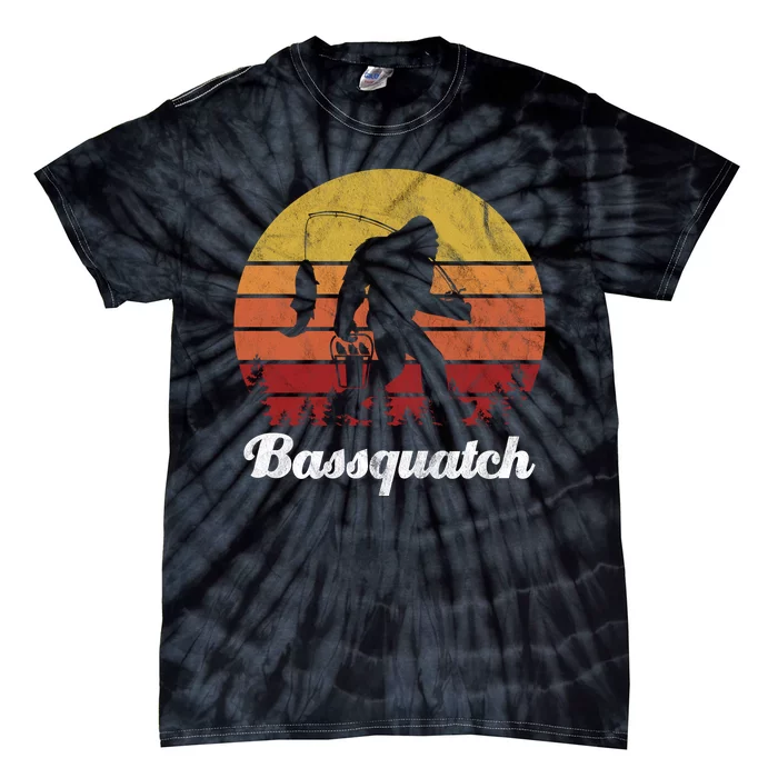 Bassquatch Bigfoot Fishing Outdoor Retro Sunset Tie-Dye T-Shirt