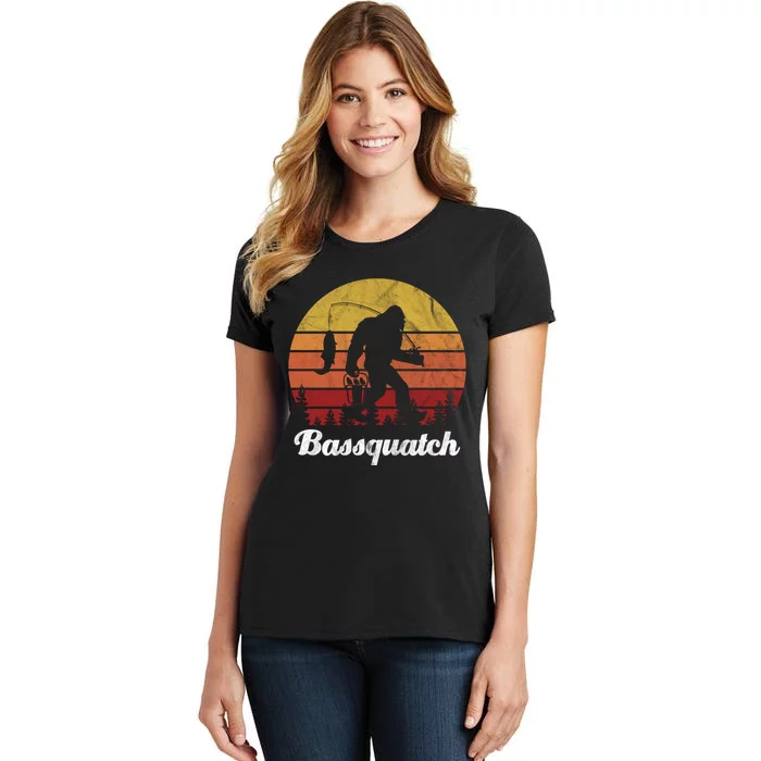 Bassquatch Bigfoot Fishing Outdoor Retro Sunset Women's T-Shirt