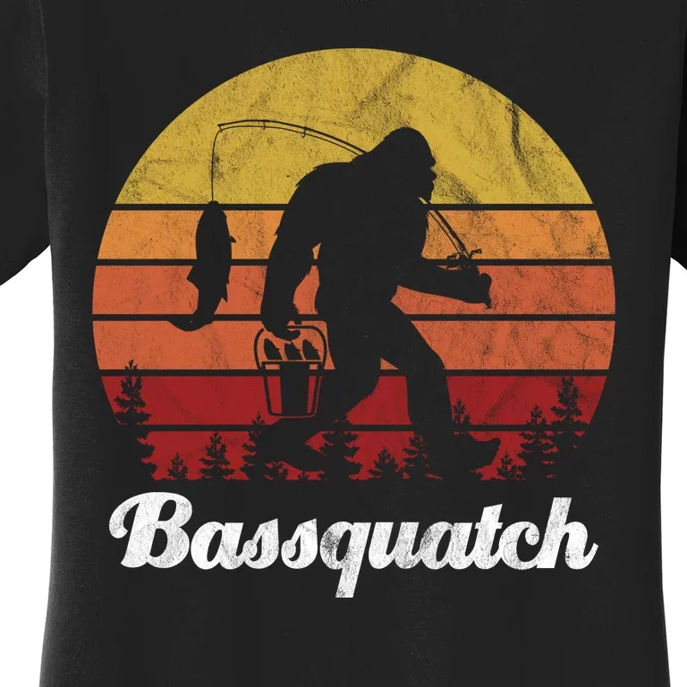 Bassquatch Bigfoot Fishing Outdoor Retro Sunset Women's T-Shirt