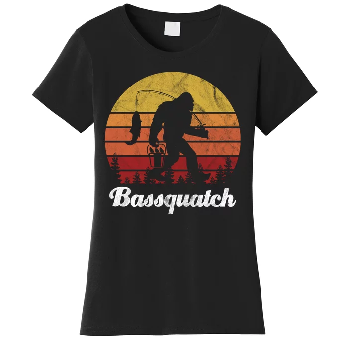 Bassquatch Bigfoot Fishing Outdoor Retro Sunset Women's T-Shirt