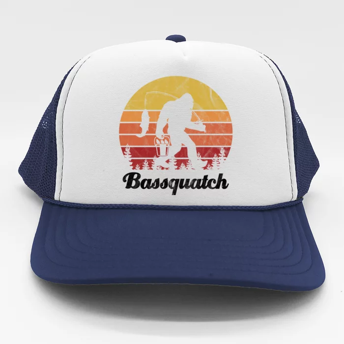 Bassquatch Bigfoot Fishing Outdoor Retro Sunset Trucker Hat