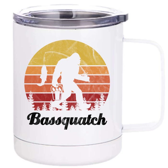 Bassquatch Bigfoot Fishing Outdoor Retro Sunset Front & Back 12oz Stainless Steel Tumbler Cup