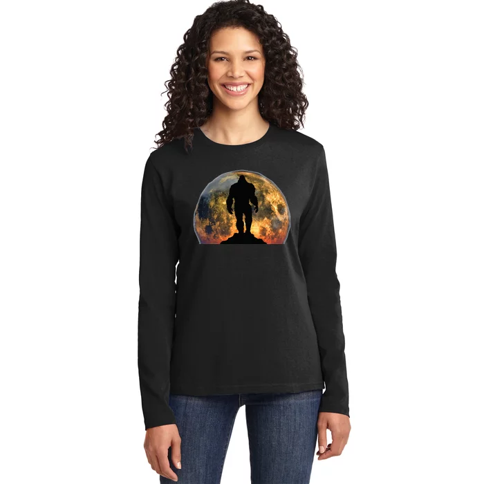 Bigfoot Believer Full Red Moon Night Sasquatch Ladies Long Sleeve Shirt