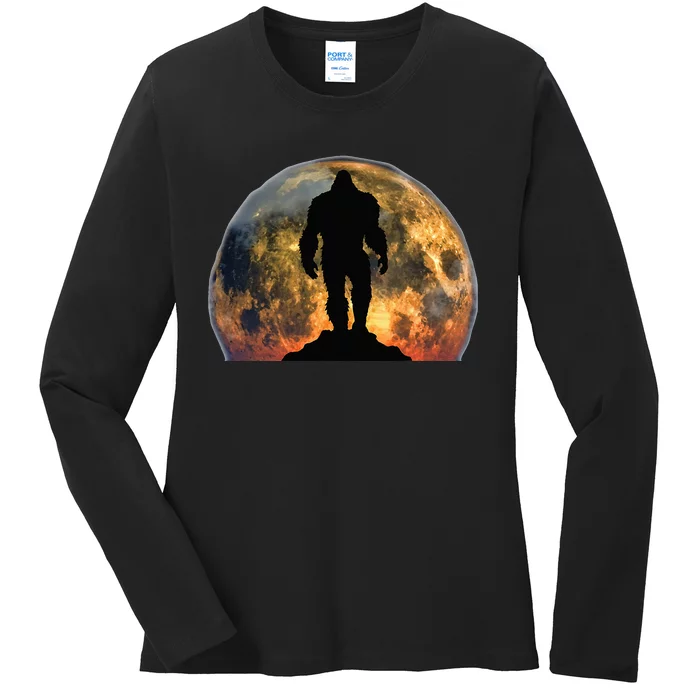 Bigfoot Believer Full Red Moon Night Sasquatch Ladies Long Sleeve Shirt