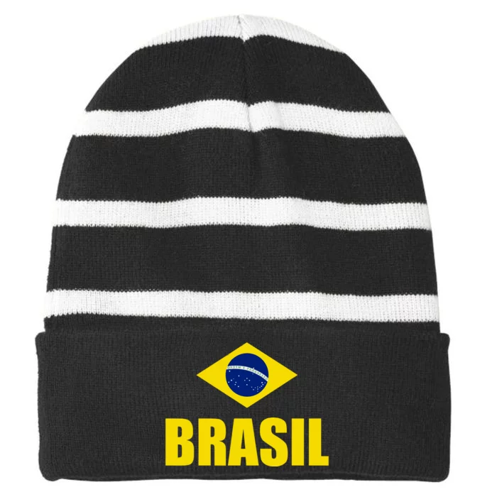 Brasil Brazilian Flag Soccer Sport Brazilian National Flag Striped Beanie with Solid Band