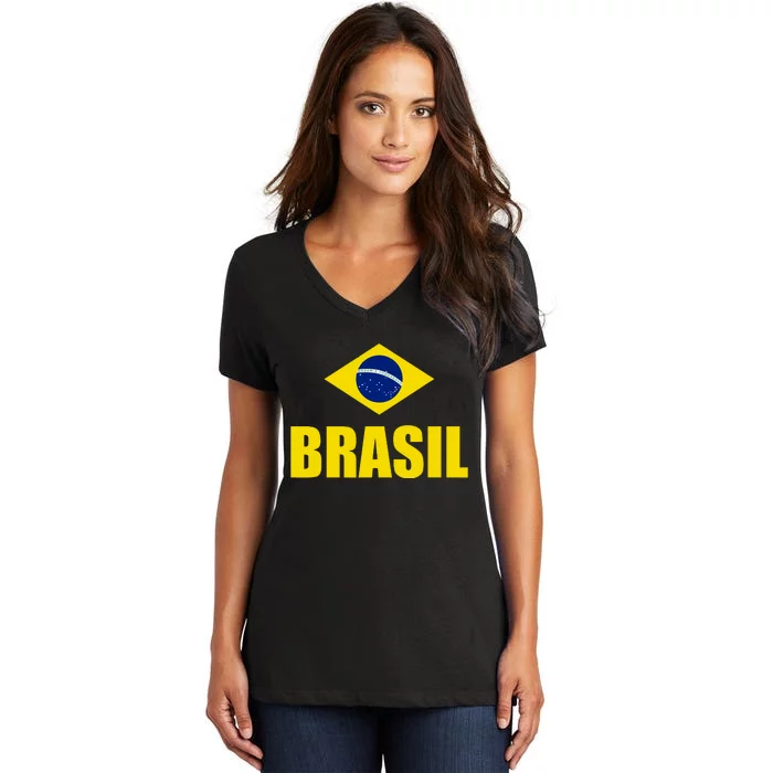 Brasil Brazilian Flag Soccer Sport Brazilian National Flag Women's V-Neck T-Shirt