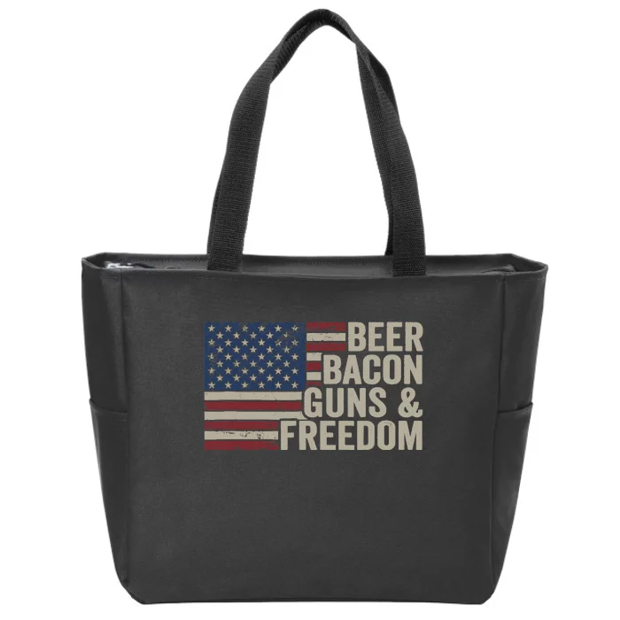 BEER BACON GUNS & FREEDOM - BBQ Vintage USA Flag Drinking Zip Tote Bag