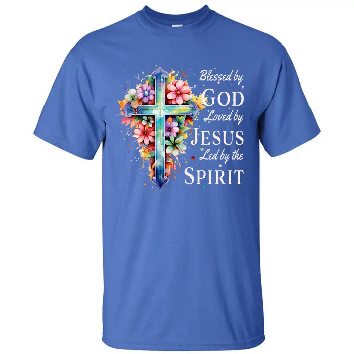 Blessed by God Loved by Jesus Floral Cross Christian Tall T-Shirt