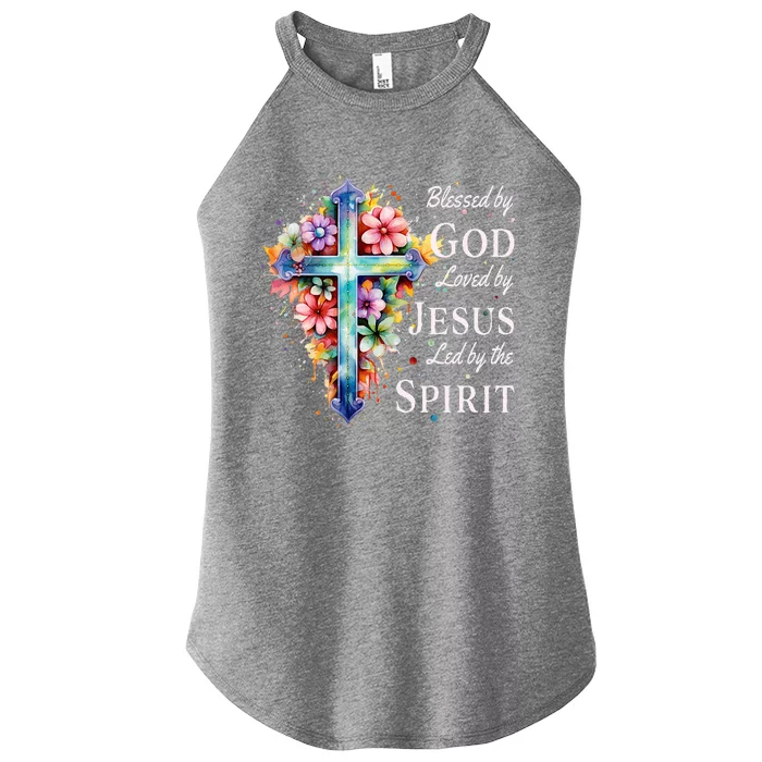 Blessed by God Loved by Jesus Floral Cross Christian Women’s Perfect Tri Rocker Tank