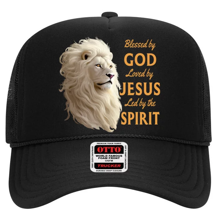 Blessed By God Loved By Jesus Christian Lion High Crown Mesh Trucker Hat