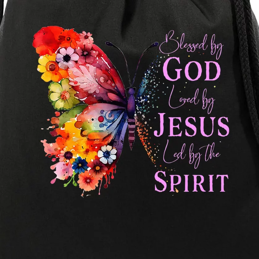 Blessed By God Loved By Jesus Butterfly Drawstring Bag