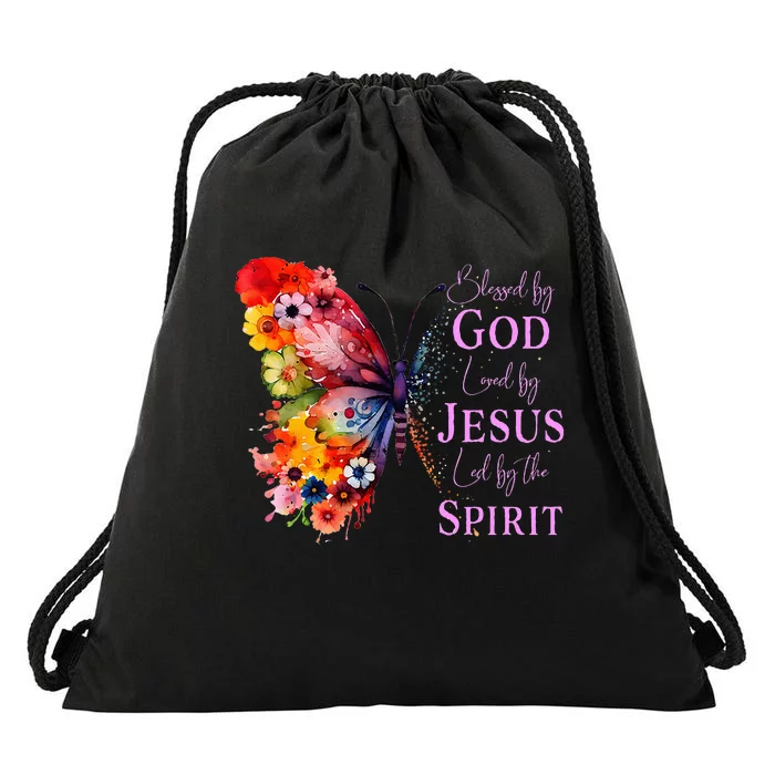 Blessed By God Loved By Jesus Butterfly Drawstring Bag