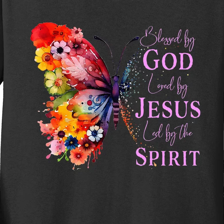 Blessed By God Loved By Jesus Butterfly Kids Long Sleeve Shirt