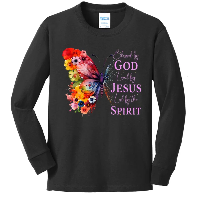 Blessed By God Loved By Jesus Butterfly Kids Long Sleeve Shirt