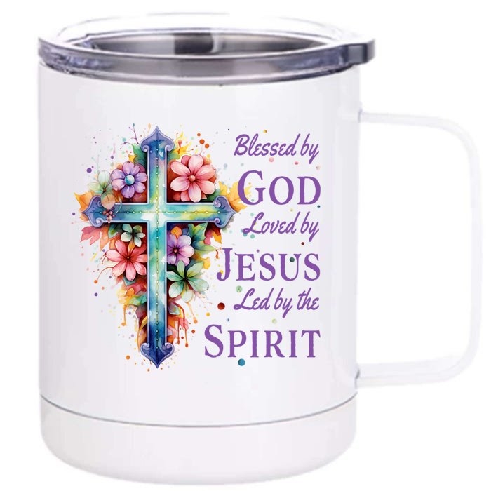 Blessed By God Loved By Jesus Floral Cross Christian Funny Gift Front & Back 12oz Stainless Steel Tumbler Cup