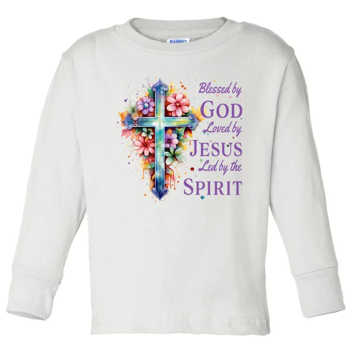 Blessed By God Loved By Jesus Floral Cross Christian Funny Gift Toddler Long Sleeve Shirt