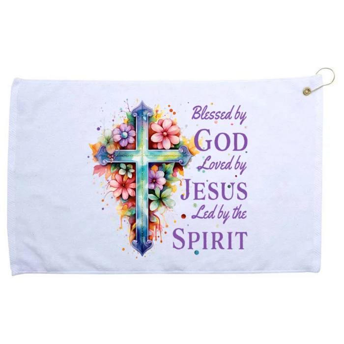 Blessed By God Loved By Jesus Floral Cross Christian Funny Gift Grommeted Golf Towel