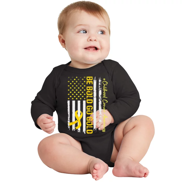 Be Bold Go Gold Childhood Cancer Awareness USA Flag Ribbon Baby Long Sleeve Bodysuit