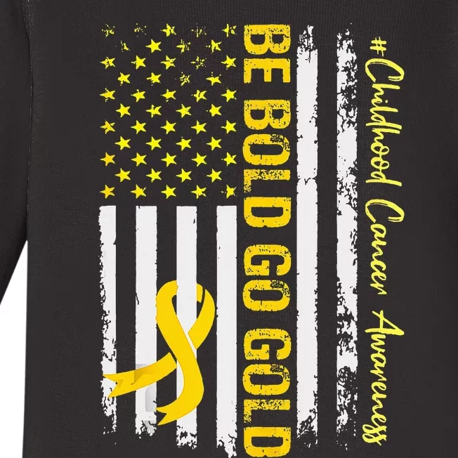 Be Bold Go Gold Childhood Cancer Awareness USA Flag Ribbon Baby Long Sleeve Bodysuit