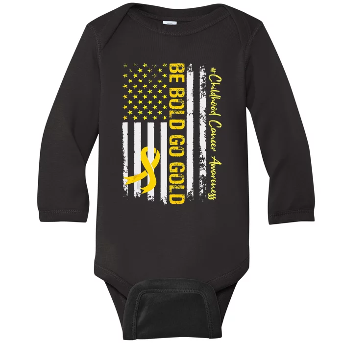 Be Bold Go Gold Childhood Cancer Awareness USA Flag Ribbon Baby Long Sleeve Bodysuit