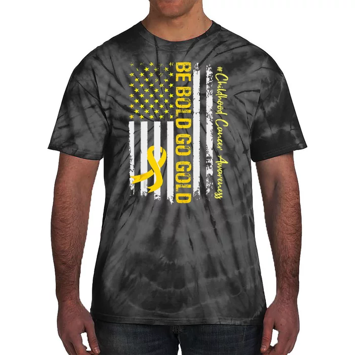 Be Bold Go Gold Childhood Cancer Awareness USA Flag Ribbon Tie-Dye T-Shirt