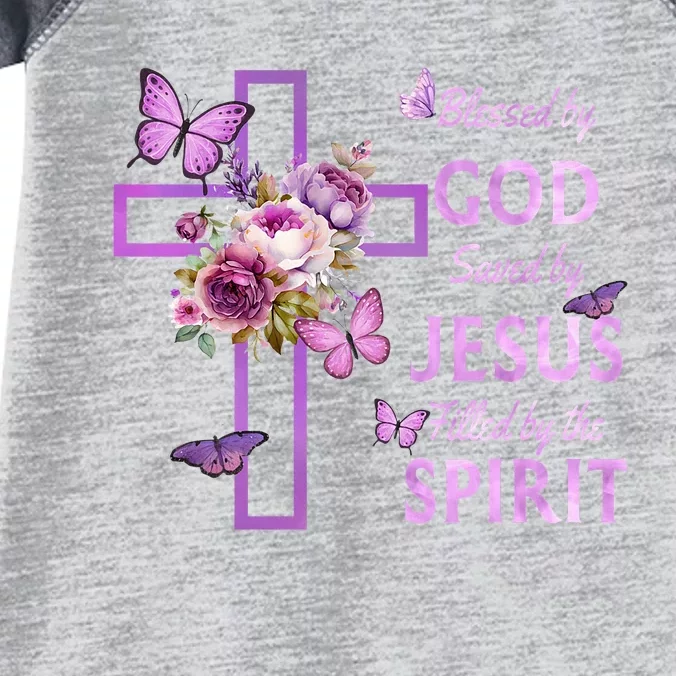 Blessed By God Saved By Jesus Purple Floral Cross Christian Infant Baby Jersey Bodysuit