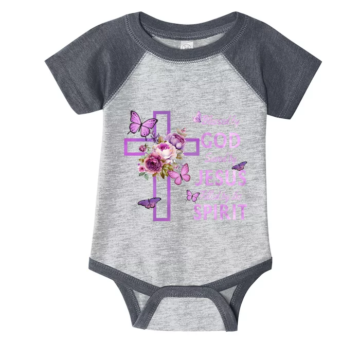 Blessed By God Saved By Jesus Purple Floral Cross Christian Infant Baby Jersey Bodysuit